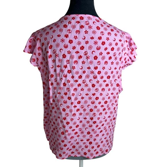 Pink Moon Floral Frill Sleeve Top-SZ 12 pink- ruffle- button up -valentine Linen - Picture 2 of 14